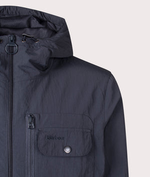 Barbour Lifestyle Angler Showerproof Jacket in Navy. At EQVVS Menswear. Front logo shot.