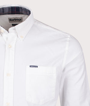 Marsden Oxford Shirt in white by Barbour. shot at EQVVS. Detail shot. 