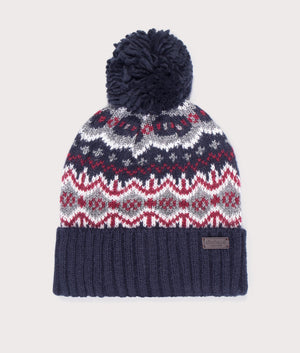 Barbour Lifestyle Case Fairisle Beanie in Blue Granite. At EQVVS Menswear. Front detail shot.