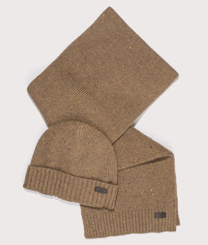 The Carlton Fleck Beanie & Scarf Gift Set in Sandstone by Barbour. EQVVS Gift Set Shot.