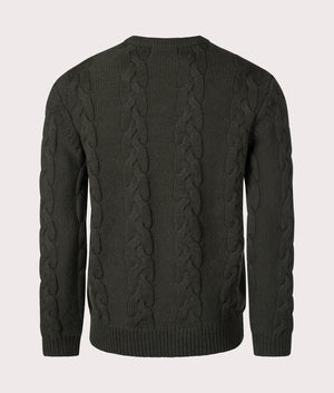 Fred Perry Chunky Cable Knit Jumper in 408 Hunting Green, Lambswool/Recycled Polyamide. At EQVVS Menswear. Back shot