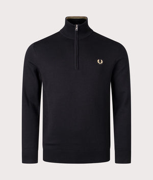 Fred Perry Classic Quarter-Zip Jumper in black, 54% Merino Wool, 46% Cotton at EQVVS. Front Shot. 