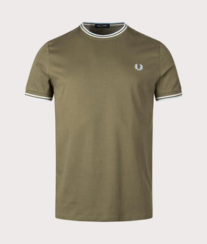 Twin Tipped T-Shirt in Uniform Green by Fred Perry. EQVVS Front Angle Shot.