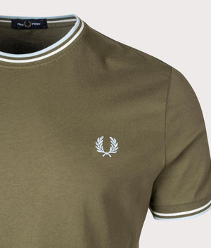Twin Tipped T-Shirt in Uniform Green by Fred Perry. EQVVS Detail Shot.
