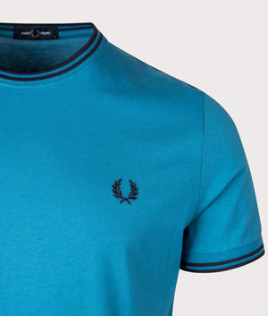Twin Tipped T-Shirt in Runaway Bay Ocean by Fred Perry. EQVVS Detail Shot.