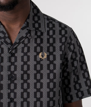 Cable Print Revere Collar Shirt in Black by Fred Perry. EQVVS Detail Shot.