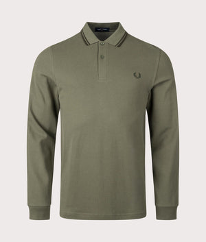 Fred Perry Long Sleeve Twin Tipped Polo Shirt in Laurel Wreath Green, 100% Cotton at EQVVS Menswear. Front Shot. 