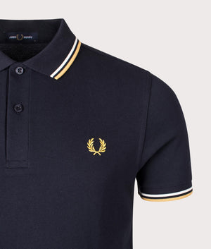 Fred Perry Twin Tipped Polo Shirt in Navy/Ecru. Shot at EQVVS. Detail image. 