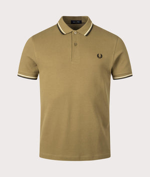 Fred Perry Twin Tipped Polo Shirt in Shaded Stone, 100% Cotton at EQVVS Menswear. Front Shot. 