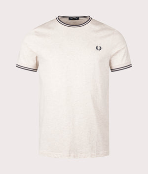 Fred Perry Twin Tipped T-Shirt in Porridge Marl/ Anchor Grey, 100% Cotton at EQVVS. Front Shot. 