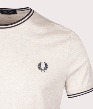 Fred Perry Twin Tipped T-Shirt in Porridge Marl/ Anchor Grey, 100% Cotton at EQVVS. Detailed logo shot. 