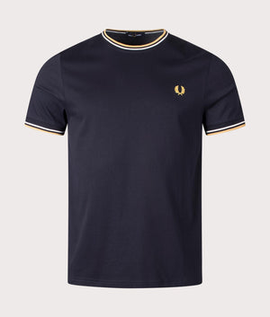 Fred Perry Twin Tipped T-Shirt in Navy with Ecru and Honeycomb detail, 100% Cotton at EQVVS. Front Shot. 