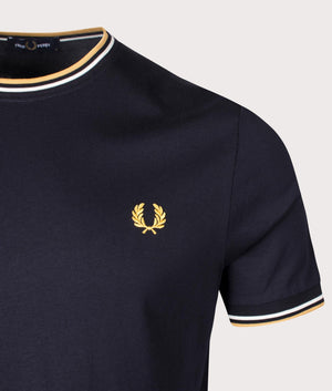 Fred Perry Twin Tipped T-Shirt in Navy with Ecru and Honeycomb detail, 100% Cotton at EQVVS. Detail Logo Shot. 