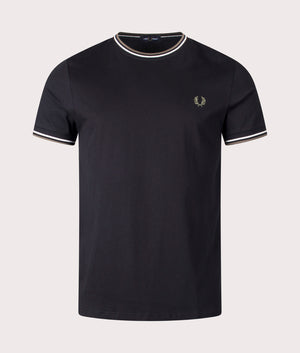 Fred Perry Twin Tipped T-Shirt in Black wih Ecru and Laurel green details, 100% Cotton at EQVVS. Front Shot.