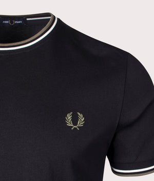 Fred Perry Twin Tipped T-Shirt in Black wih Ecru and Laurel green details, 100% Cotton at EQVVS. Detail Shot.