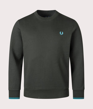 Crew Neck Sweatshirt in Night Green and Ocean by Fred Perry. EQVVS Menswear Front Shot. 