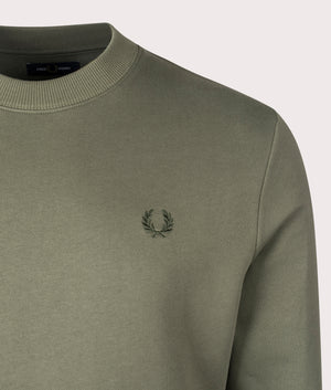 Fred Perry Crew Neck Sweatshirt in Laurel Light Green. Shot at EQVVS. Detail image. 