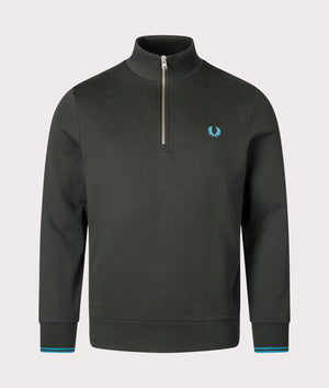 Quarter Zip Sweatshirt in Night Green and Ocean by Fred Perry. EQVVS Menswear Front Shot. 