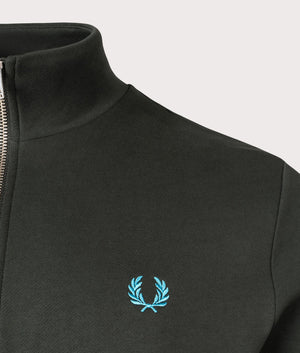 Quarter Zip Sweatshirt in Night Green and Ocean by Fred Perry. EQVVS Menswear Detail Shot. 