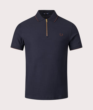 Crepe Pique Zip Neck Polo Shirt in Navy by Fred Perry. EQVVS Shot. 