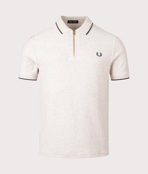 Fred Perry Crepe Pique Zip Neck Polo Shirt in Porridge Marl at EQVVS Menswear Front Shot