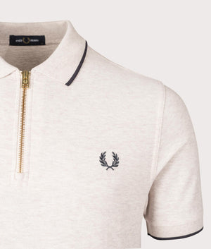 Fred Perry Crepe Pique Zip Neck Polo Shirt in Porridge Marl at EQVVS Menswear Detail Shot