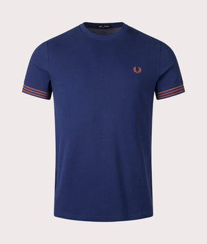 Fred Perry Striped Cuff T-Shirt in French Navy. Shot at EQVVS. Front image. 