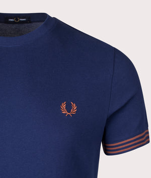 Fred Perry Striped Cuff T-Shirt in French Navy. Shot at EQVVS. Detail image. 