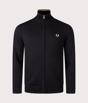 Fred Perry Classic Zip Through Cardigan in black, 54% Merino Wool, 46% Cotton at EQVVS. Front Shot. 