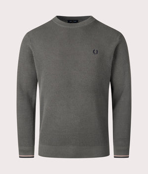 Fred Perry Waffle Stich Jumper in Field Green, 100% cotton. At EQVVS Menswear. Front detail shot