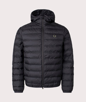 Fred Perry Hooded Insulated Jacket Black. Shot at EQVVS. Front shot. 