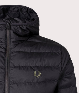 Fred Perry Hooded Insulated Jacket Black. Shot at EQVVS. Detail shot. 