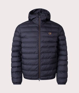 Insulated Hooded Jacket by Fred Perry in navy. Shot at EQVVS. Front shot. 