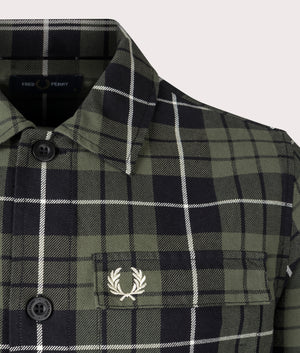 Fred Perry Check Overshirt Laurel Wreath Green, shot at EQVVS.  Detail shot. 