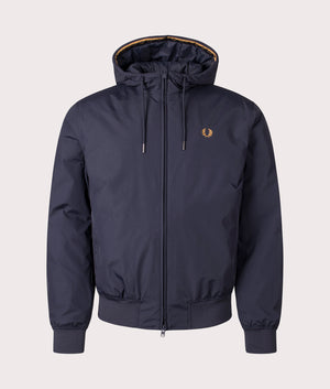 Hooded Brentham Jacket in navy by Fred Perry. Shot at EQVVS. Front shot. 