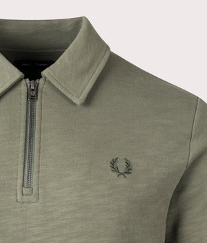 Quarter Zip Collar Sweatshirt in Laurel Wreath Green by Fred Perry. EQVVS Shot. 