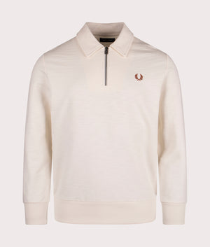 Fred Perry Quarter Zip Collar Sweatshirt in 560 Ecru, 100% Cotton. At EQVVS Menswear. Front detail shot