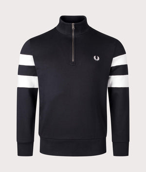 Quarter Zip Tipped Sleeve Sweatshirt in Black by Fred Perry. EQVVS Shot. 