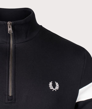 Quarter Zip Tipped Sleeve Sweatshirt in Black by Fred Perry. EQVVS Shot.