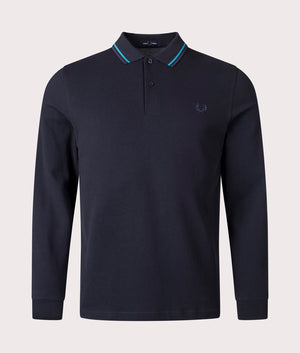 Long Sleeve Twin Tipped Polo Shirt Fred Perry Navy Blue. Shot at EQVVS. Front shot. 