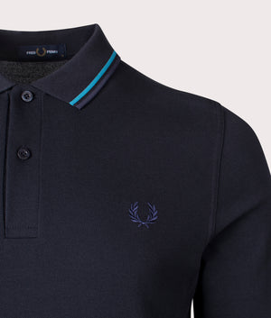 Long Sleeve Twin Tipped Polo Shirt Fred Perry Navy Blue. Shot at EQVVS. Detail shot. 
