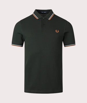 Fred Perry Twin-tipped Polo Shirt in Night Green, 100% Cotton at EQVVS. Front Shot. 