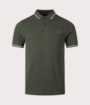 Fred Perry Twin-Tipped Polo Shirt in Hunting Green, 100% cotton at EQVVS. Front shot. 