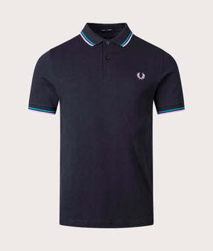 Fred Perry Twin-Tipped Polo Shirt in Navy, 100% Cotton  at EQVVS. Front Shot. 