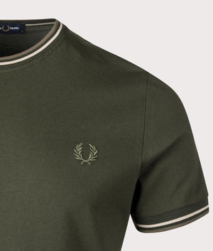 Fred Perry Twin Tipped T-Shirt in W92 Hunting Green/Light Oyster/Laurel Wreath Green, 100% Cotton. At EQVVS Menswear. Front logo shot