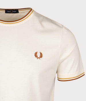 Fred Perry Twin Tipped T-Shirt in Ecru/Honeycomb/Marmalade at EQVVS Menswear Detail Shot