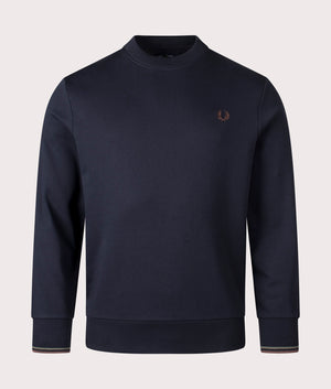 Crew Neck Sweatshirt in Navy byFred Perry. Shot at EQVVS. Front shot. 