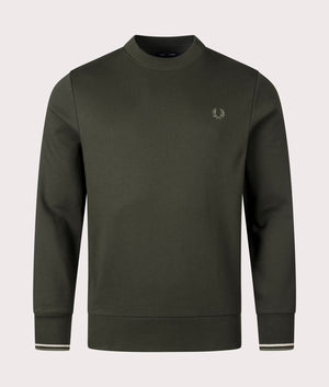 Khaki Green Crew Neck Sweatshirt by Fred Perry. Shot at EQVVS. Front shot. 