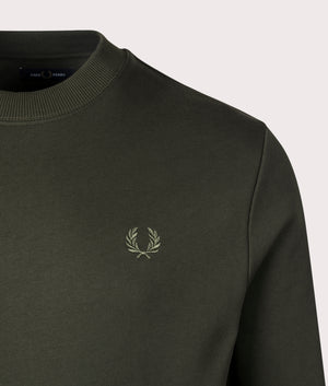 Khaki Green Crew Neck Sweatshirt by Fred Perry. Shot at EQVVS. Detail shot. 