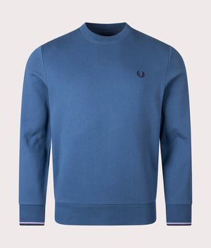 Fred Perry Crew Neck Sweatshirt Blue. Shot at EQVVS. Front shot. 